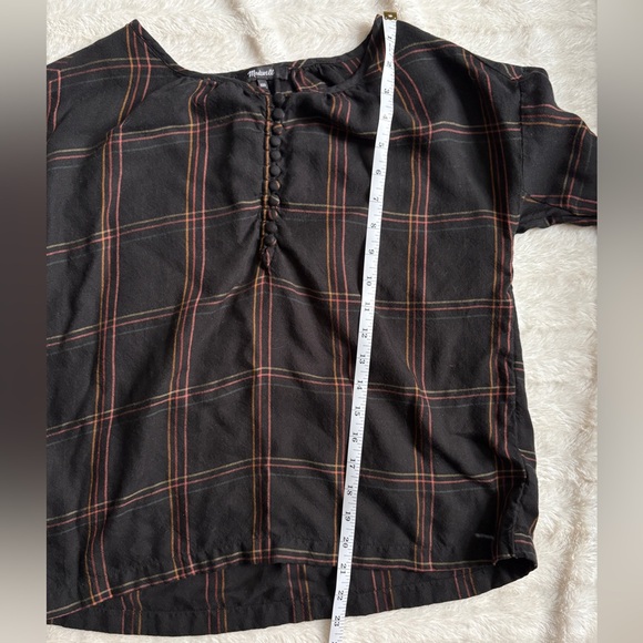 Madewell Shirred Peasant Long Sleeve Half Button Top in Windowpane - True Black - Picture 8 of 9